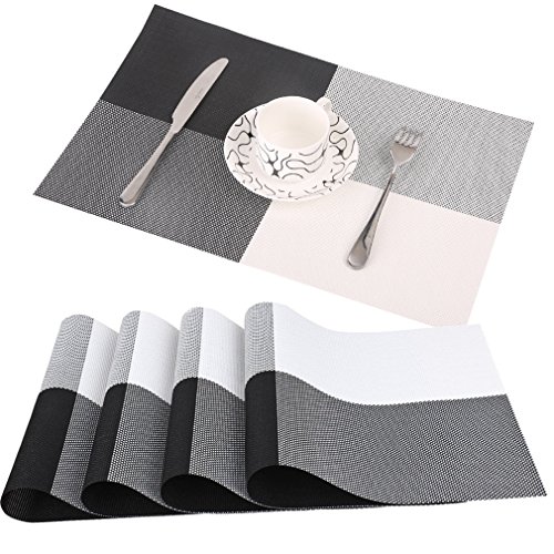 famibay PVC Place Mats - Heat Insulation PVC Placemats Stain-Resistant Woven Vinyl Table Mats for Kitchen Set of 4-30x45 cm (Black) (Best Place To Sell Vinyl)