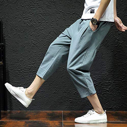 Allywit Men's Loose Fit Elastic Waist Patchwork Shorts Harem Capri Pants Lounge Linen Harem Pants Big and Tall Green