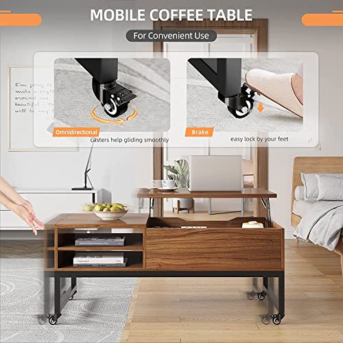Raybee Lift Top Coffee Table on Wheels Wooden Coffee Table with