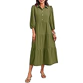 Wenrine Womens Casual 3/4 Sleeve Shirt Dress Button Down V Neck Tiered Collared Flowy Maxi Dress Army Green
