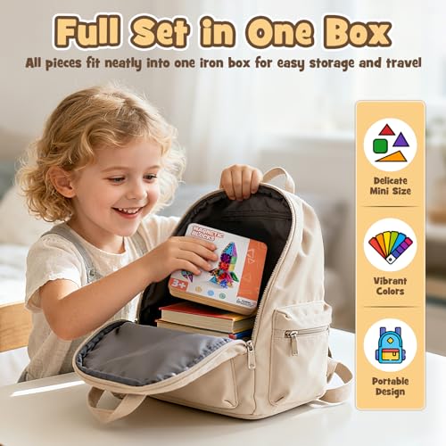 Dreamon 60 PCS Mini Magnetic Tiles Set Travel Magnetic Tiles for Kids with Iron Case Magnetics Blocks Building Toy Christmas Birthday Gift Boys Girls Age 3 4 5 6 7 8 Years