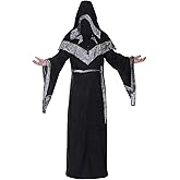 Mens Halloween Costume Sorcerer Robe, Medieval Vintage Renaissance Hooded Gown Cloak Cape