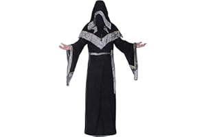 WISHU Mens Halloween Costume Sorcerer Robe, Medieval Vintage Renaissance Hooded Gown Cloak Cape