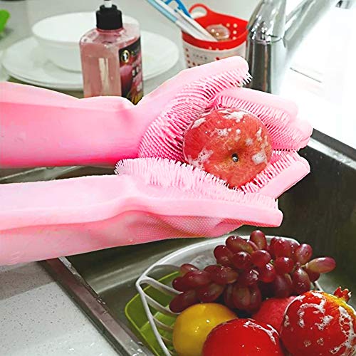 HOMCA Magic Silicone Gloves with Wash Scrubber, Magic Saksak Rubber Gloves Heat Resistant Reusable Silicone Gloves for Cleaning, Household, Dish Washing, Kitchen (13.6" Large,1 Pair,Pink)