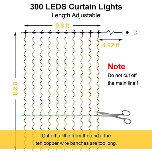 LightsEtc Curtain Light 300 LED Window Curtain String Lights with Remote Timer USB Powered Bedroom Curtain Lights for Party Wedding Home Garden Outdoor Indoor Wall Decoration, Warm White, 9.8 x 9.8 ft
