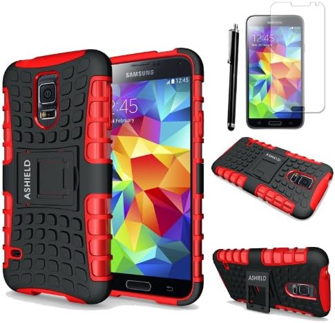 Ashield Dual Slim Composite Rugged Armor Case Cover with Stand for Samsung Galaxy S5 S V I9600 (Red)