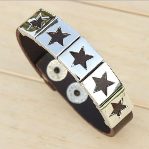 Silver and Brown Star Leather Vintage style Snap Button Bracelet Wirstband Cool & Stylish Comes with Wooden Textured Charms for Good Luck & Repel Evil