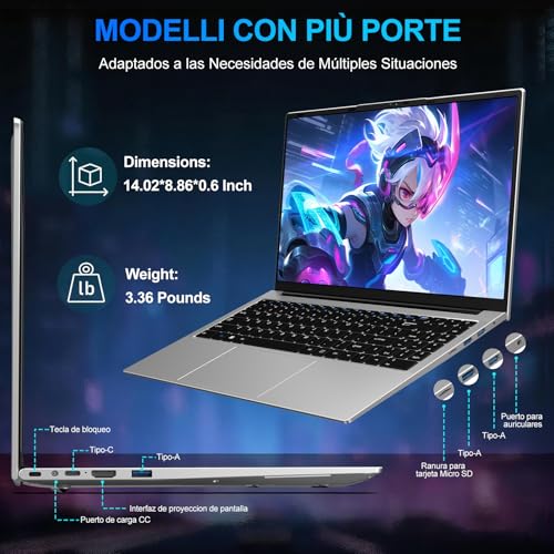 2026 Laptop 15.6 Inch Celeron N5095 Win11 Pro 8GB 256GB SSD | Expansion 1TB 5G WiFi FHD BT4.2 2.9 GHz HDMl USB 3.0 Portable with Wireless Mouse and Spanish Keyboard Membrane - Silver