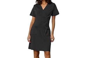 BWAYDEG Scrubs for Women Short Sleeve Nurse Working Uniform V Neck Wrap Dress with Pocket Nursing Scrubs Holiday Workwear