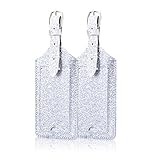 [2 Pack]Luggage Tags, ACdream Leather Case Luggage Bag Tags Travel Tags 2 Pieces Set, Glitter Silver
