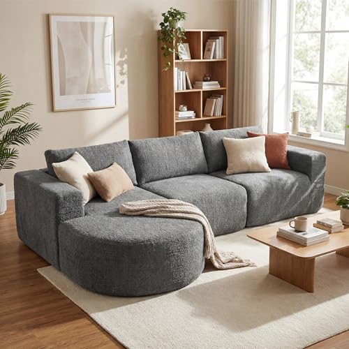 HOMCOM 106" Modular Sectional Sofa with Chaise and Deep Seat, 3-Seater L Shaped Cloud Couch, Upholstered Boneless Couch for Living Room, Bedroom, No Assembly Required, Dark Grey | Curved Foam Chaise