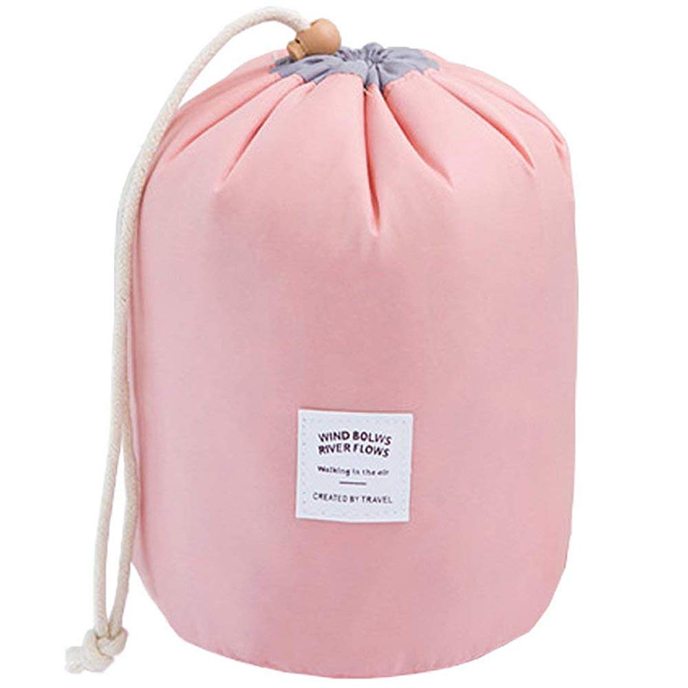 Large Barrel Shaped Travel Cosmetic Bags Nylon Organizer Drawstring Toiletry Bags for Women Ladies Barrel Cosmetic Bag Multifunction Makeup Bag Toiletry Organizer Bag