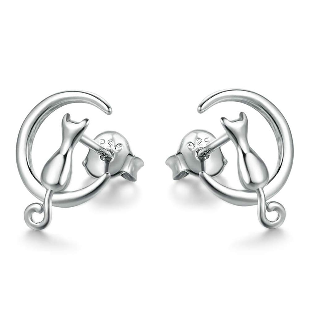Epoch World Sterling Slver Stud Earrings for Women Girls Ladies, Silver Cat Earrings Studs, Moon Earrings Silver, Moon Cat Earrings Small