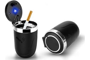 KAGOR Car Ashtray 2PCS , Portable Car Ashtray with Lid Smell Proof, Odorless Ash Tray Sets for Weed, Smokeless Ashtray for Cigarettes, Easy Clean Up Detachable Stainless Car Tray with Lid Blue Led Light for Most Car Cup Holder (Black)