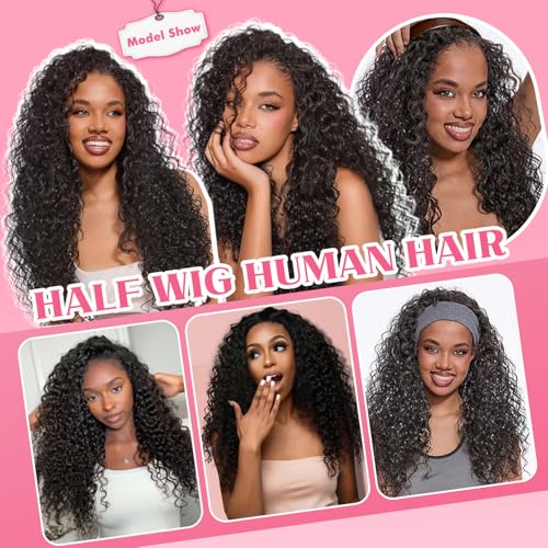 Half Wig Human Hair Deep Wave Demi Perruque sans Colle 180% Densité Perruque Cheveux Humain Perruque Bandeau Bouclée 3 In 1 Seamless Drawstring Headband Wig Couleur Naturelle (16 Pouces)