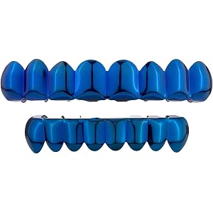 Blue Electroplated Hip-Hop Glossy Grille Set, Unisex Detachable Upper and Lower Tooth Cover, Perfect for Rappers and Party Oc