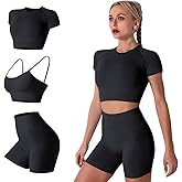 IWEMEK Workout Sets for Women 3 Piece Seamless Spaghetti Straps Sports Bras Short Sleeve Crop Top High Waist Biker Shorts Gym Sets Activewear 3pcs-Black Small