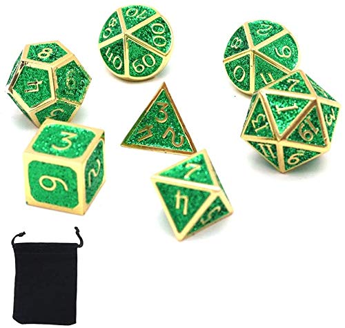 DollaTek 7PCS Metal Polyhedral Dice Set with Black Storage Bag for Role Playing Game Dungeons and Dragons D&D Math Teaching(Shiny Deep Green)