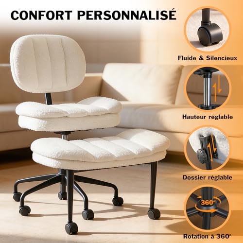 DIDAINT Cross Chair with Wheels, Ergonomic Armchair with Crossed Legs, Wide Seat Faux Sheep Fur, 360° Swivel and Height Adjustable, Ideal for Meditation, Yoga, Office, ADHD