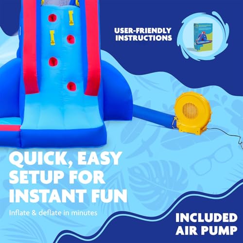 Sunny & Fun Deluxe Inflatable Water Slide Park & Splash Pool with Tunnel - Heavy-Duty for Outdoor Fun - Climbing Wall - Easy to Set Up & Inflate with Included Air Pump & Carrying Case