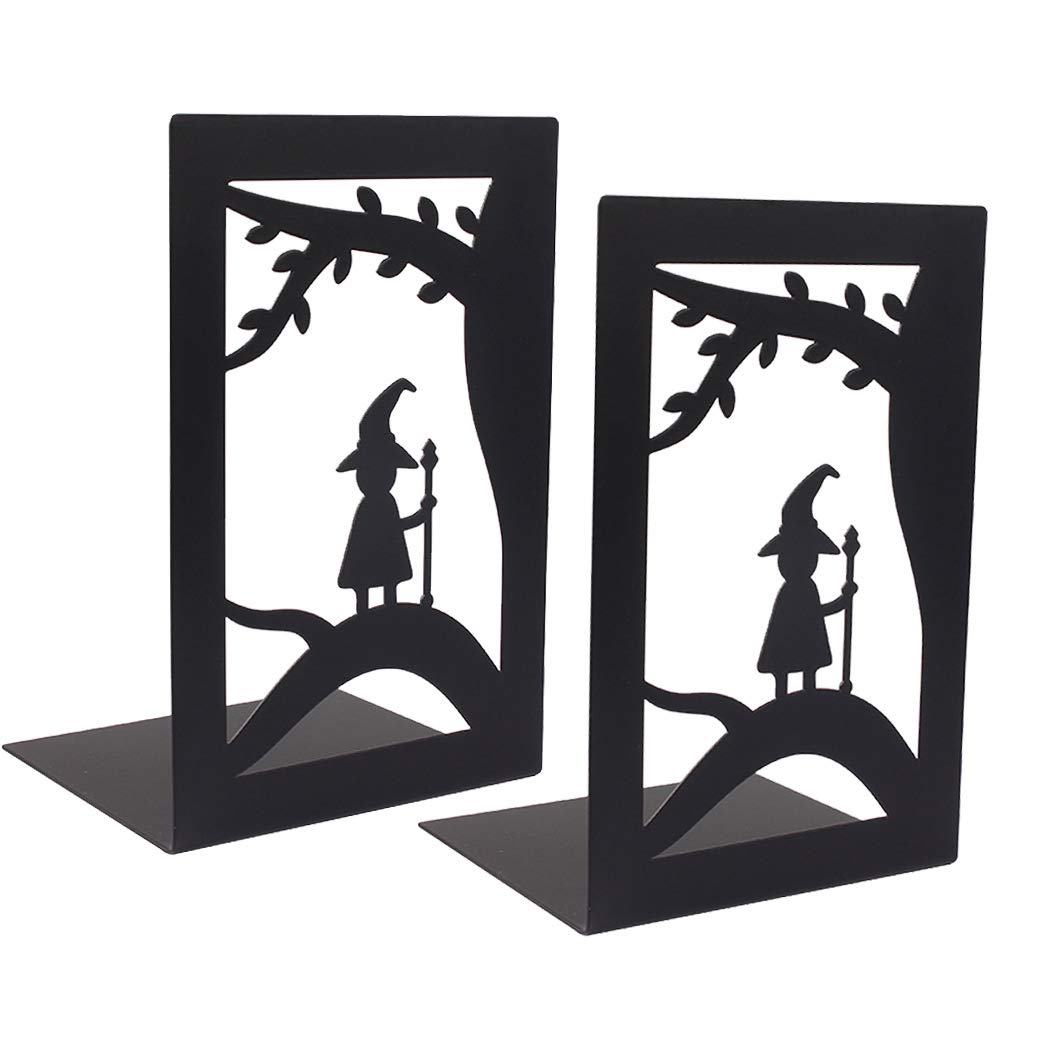 SIPLIV Minimalist Style Bookends Metal Adjustable Non Skid Books Holder Stand Book Rack Desk Bookends for School, Library, Home or Office - Elves (Black, 1 Pair)