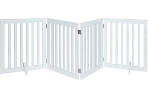 unipaws 24”H Free Standing Pet Gate for Dog Cat Baby, Wooden Dog Gates for Doorway, Stairs, Step Over Foldable Pet Fence for The House, Expandable Dog Barrier, Indoor Use, White