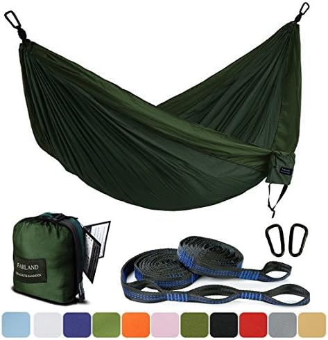 Farland Outdoor Camping Hammock - Portable Anti-fade Nylon Single & Double Hammock with 2 Piece 14 or 16 Loop Straps by Parachute Lightweight Hammock