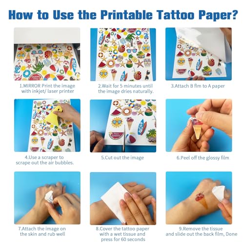 UIOK Temporary Tattoo Paper, Tattoo Transfer Paper Transparent A4X12 Sheets Temporary Tattoo Transfer Paper, DIY Tattoo Transfer Paper for Printer and Hand Drawing