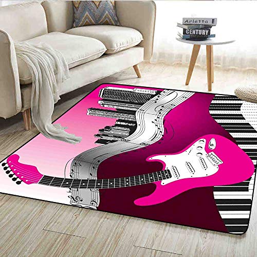Carpet,Bass Guitar Keyboard Urban Rock Backdrop Rhythm of City Illustration,Outdoor Rug,Hot Pink Pale Grey Black 48"x70"