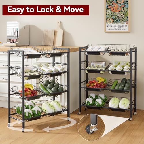 IBUYKE Kitchen Trolley with 8 Baskets,Metal Auxiliary Cart,Black TLJ025B | Vegetable Trolley Fruit Basket Organizer with Wheels for Vegetables, Onions, Potatoes