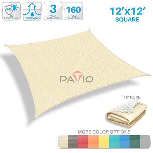 Patio Paradise 12′ x 12′ Tan Beige Sun Shade Sail Square Canopy – Permeable UV ...