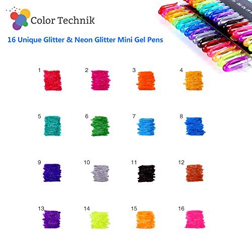 Glitter Gel Pens by Color Technik, Set of 16 Mini Glitter and Neon