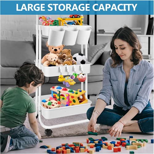 AZMALL 3 TIER UTILITY ROLLING ORGANIZER – STORAGE MAKEUP BABY TRAY CART WITH TROLLEY HANDLES FOR OFFICE BATHROOM BEDROOM (WHITE)