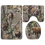 Real Tree Camo Deer Bear Soft Comfort Flannel Bathroom Mats,Anti-Skid Absorbent Toilet Seat Cover Bath Mat Lid Cover,3pcs/Set Rugs