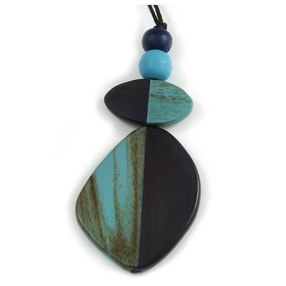 Avalaya Dark Blue/Teal Geometric Wood Pendant Black Waxed Cotton Cord - 80cm L Max/ 13cm Pendant