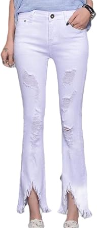 Amazon | Fly Year-JP 女性ハイウエストデニムベルボトムジーンズホールリッピングワイドレッグスリムフレアパンツ White