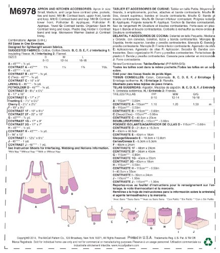 McCall Pattern Company M6978 Apron and Kitchen Accessories, One Size Only "All Sizes in One Envelope"