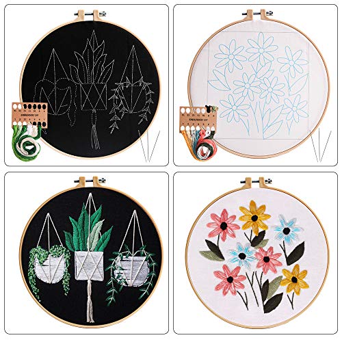 Embroidery Kit with Pattern, 2 Sets Embroidery Starter Kit with Instructions, Including Embroidery Clothes with Floral Pattern, Embroidery Hoop, Color Threads and Tools