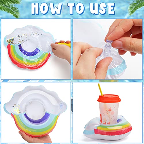 MCPINKY Inflatable Drink Holder, Sparkling Confetti Drink Pool Floats Mermaid Cup Holder Floats Inflatable Rainbow Floating Coasters for Kids Water Fun Toys Bath Toys Shower(6 Pack)