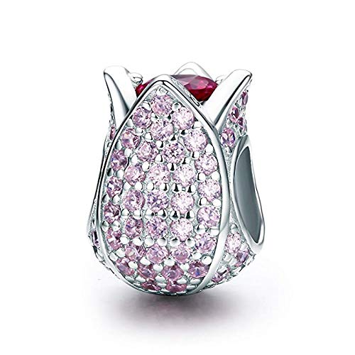 Tulip Charm 925 Sterling Silver Pink CZ Dangle Flower Charms for Pandora Women Bracelet Birthday Valentine's for Her Mum Wife Friend (B)
