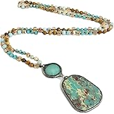 NUZUJX Boho Long Natural Stone Beads Pendant Necklace Crystal Hand Knotted Jewelry for Women