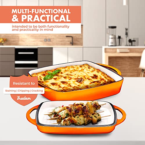 Bruntmor 2-in-1 Gusseisen Schmorpfanne – 3,3 Quarts, Mit Grill-Deckel – Antihaftbeschichtet, Rot