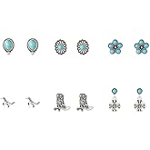 Bohemian Western Cowgirl Turquoise Stud Earrings for Women 6 Pairs Retro Turquoise Lightning Cow Head Sunflower Earrings Country Concert Rodeo Jewelry
