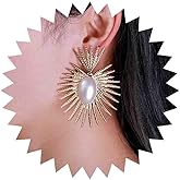 Vacaonio Boho Exaggerated Sunburst Drop Earrings Pearl Sunburst Earrings Punk Gold Sun Dangle Earrings Large Oval Pearl Earrings Jewelry for Women
