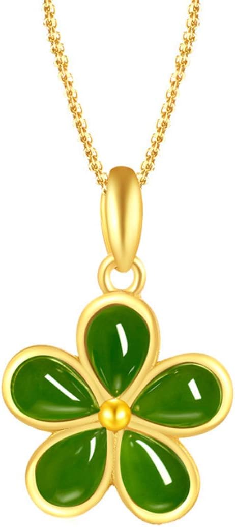 LVTINGWomen's Fashion 18K Gold Inlaid Natural Jade Plum Blossom-Shaped Pendant Necklace Healing Chakra Jewelry Gift for Teens Birthday Gift, Small, Green