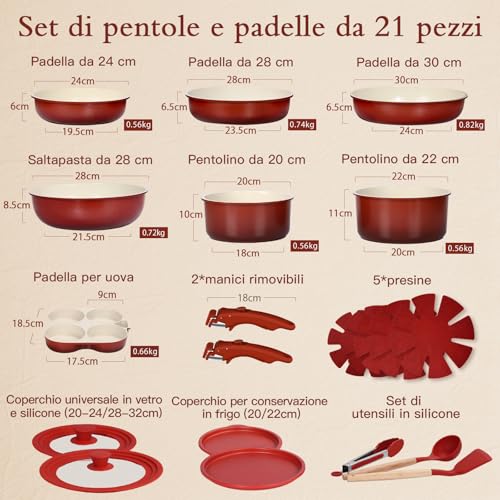 GiPP 21 Pieces Plus Non-Stick Frying Pan Set with Removable Handles, Red | Suitable for Induction, Gas,Ceramic,Electric,Aluminium,Healthy Kitchen for Motorhomes,Toxin Free,Oven/Dishwasher Compatible
