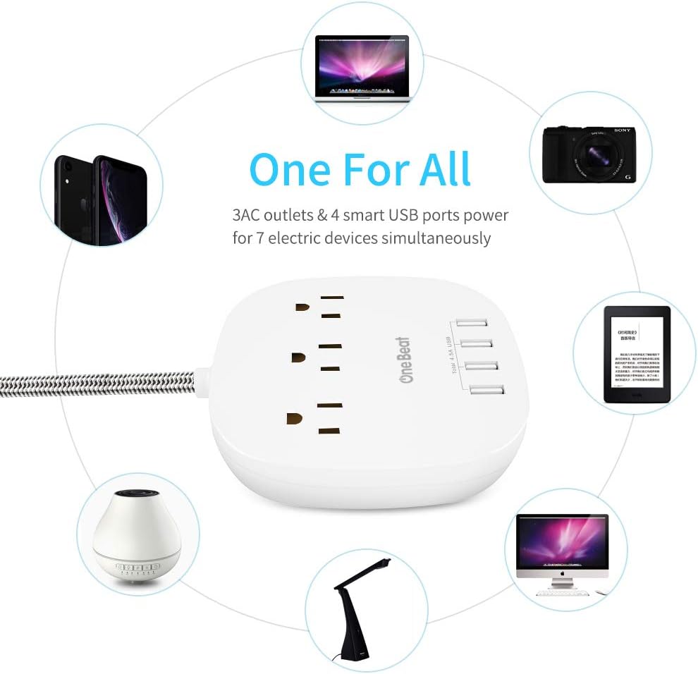 Desktop Power Strip with 3 Outlet 4 USB Ports 4.5A, Flat Plug and 5 ft Long Braided Extension Cords for Cruise Ship Travel Home Office, ETL Listed, White: Electronics