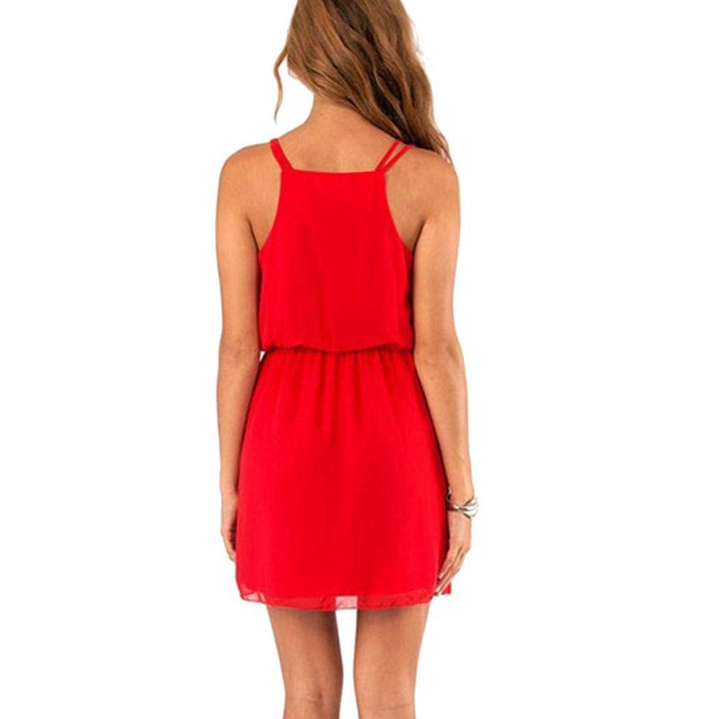 Eeilyin Women Fashion Solid Ruffle Casual Spaghetti Strap Chiffon Mini Dress Dresses Red
