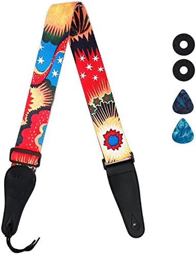 Guitar Strap with Leather End, Include 2 Strap Locks &amp; 2 Picks. Length Adjustable, Suitable for Electric Guitar, Acoustic Guitar and Bass - Unique Gift For Guitarist (Red)