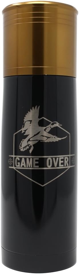 Game Over Duck Hunt - Laser Engraved 25 oz Black Shot Gun Shell Bullet Double Wall Vacuum Insulated Thermo Bottle. 24 Hours Cold 12 Hours Hot. Great for Hiking Camping Fishing and Perfect for Hunting.